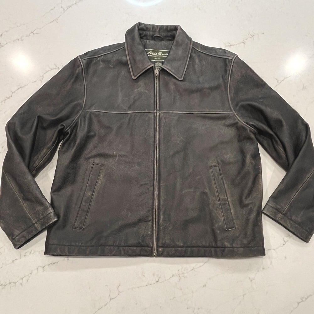 Eddie Bauer Distressed Leather Bomber Trucker Jacket Mens L Brown Lined Full Zip